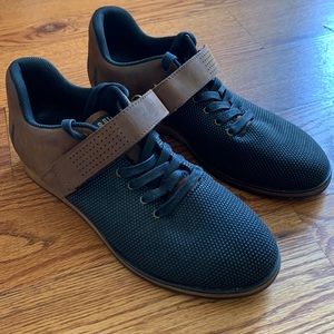 NOBULL mens lifter shoes US 11 EUC black w/brown leather & wood wedge heel